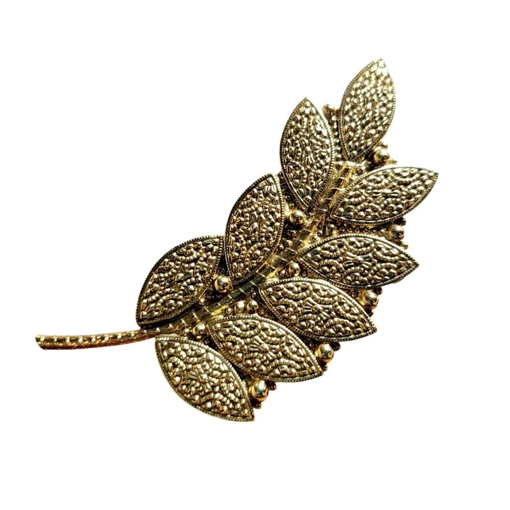 Vintage Art Deco Style Yellow Gold Tone Leaf Design Raised Relief Pin Brooch - Picture 2 of 4